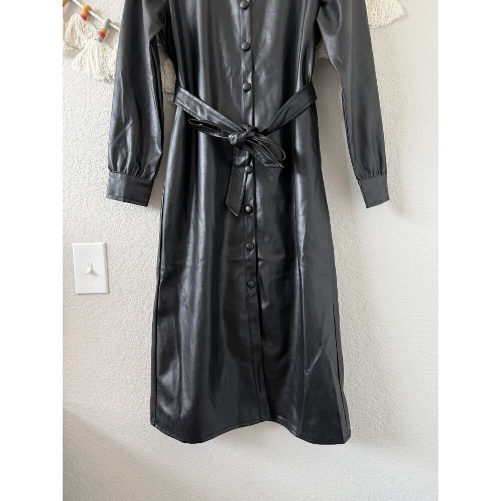 Evereve Clara Vegan Leather Long Sleeve Belted Midi Shirt Dress Grunge NWOT - Picture 4 of 9